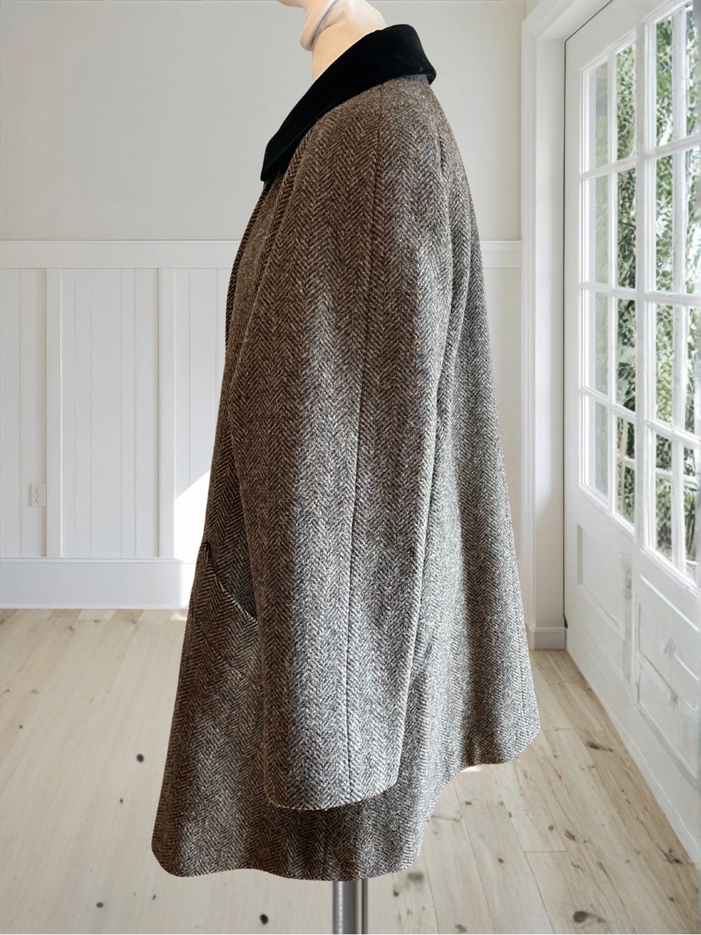 JONES NEW YORK Vintage Wool Tweed Velvet Collar Coat Women's L XL Herringbone 80 - Picture 4 of 16